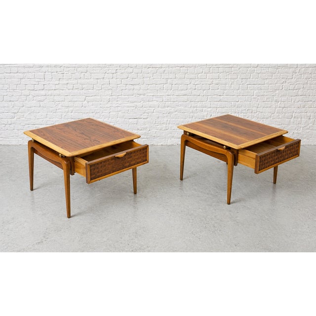 Lane Furniture Mid Century Modern Walnut + Oak End Tables by Lane Perception, a Pair, 1960's For Sale - Image 4 of 11