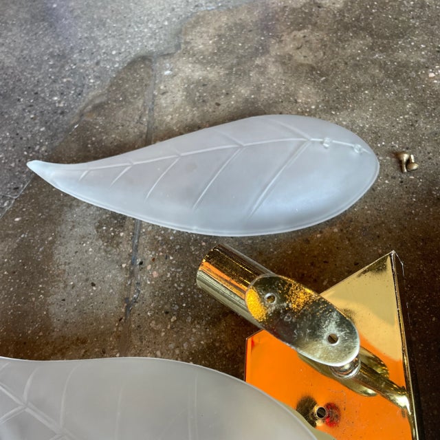 Brass 1950's Vintage Brass + Glass Leaf Sconces - A Pair For Sale - Image 8 of 9