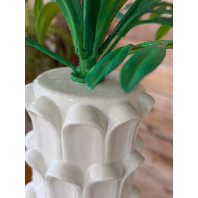 White Vintage Italian Tole Palm Table Lamp With Sculptural White Ceramic Column Base For Sale - Image 8 of 12