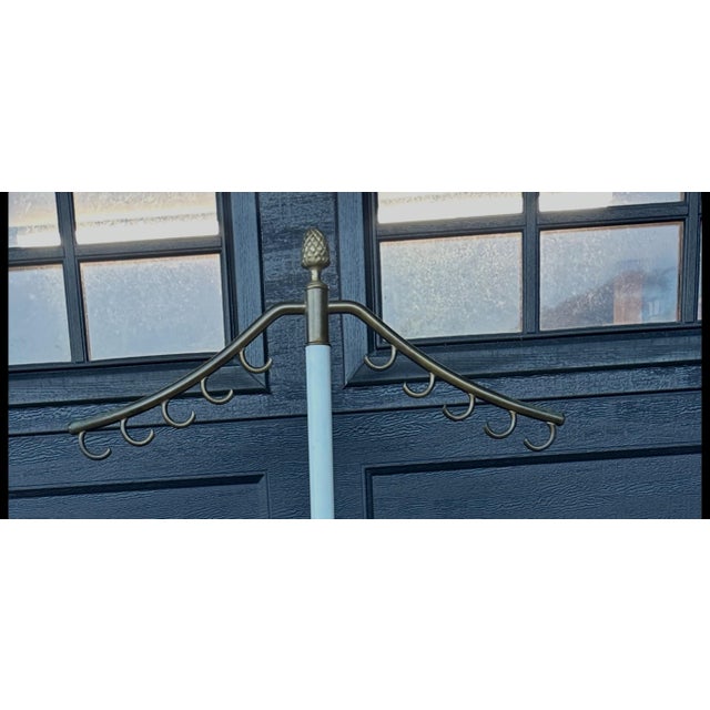 Vintage Brass Garment Stand With Ornate White-Painted Metal Base, 77” For Sale - Image 10 of 11