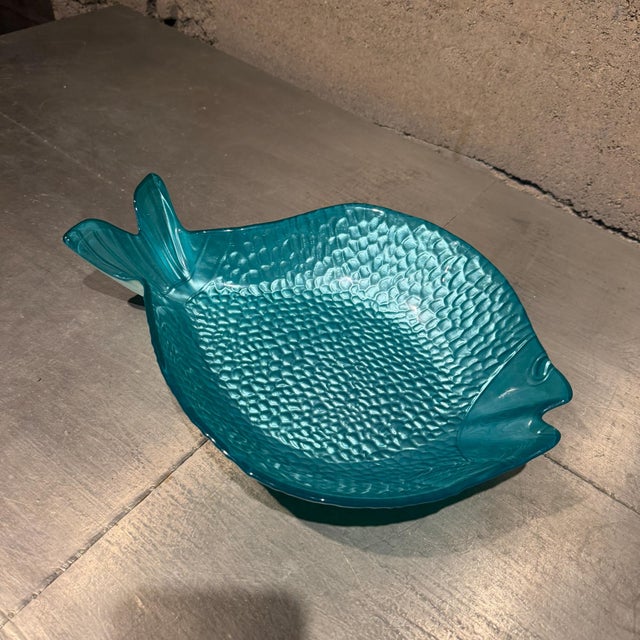 1970s Vintage Turquoise Glass Fish Plate Mid Century Coastal Nautical Decor For Sale - Image 5 of 7