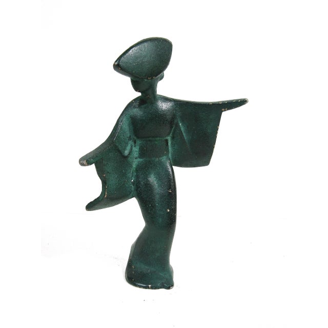 Green Set of 3 Mid-Century Japanese Verdigris Awa Odori Geisha Dancer Figurines in Cast Iron For Sale - Image 8 of 8