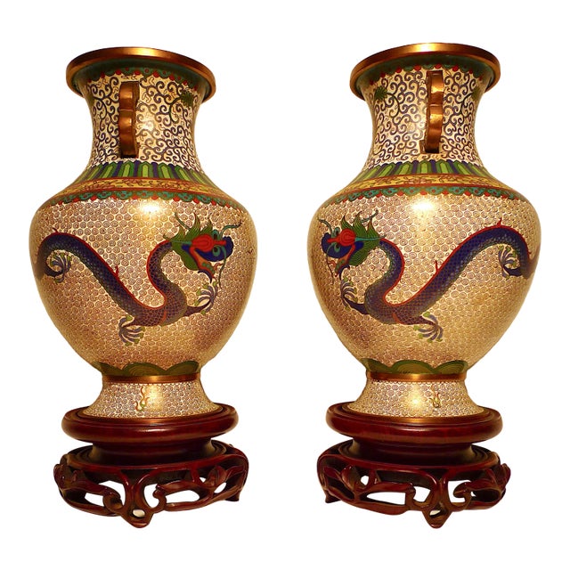 Early 20th Century Chinese Cloisonné Dragon Vases - Set of 2 For Sale
