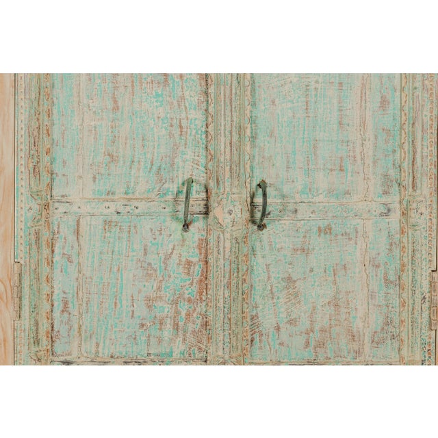 Reclaimed Wood Almirah Armoire with Weathered Green Patina and Three Shelves For Sale - Image 10 of 12
