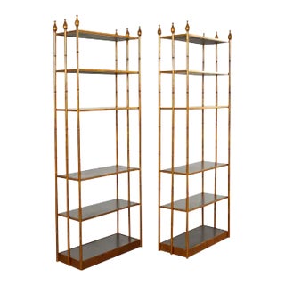 Pair of Italian Regency Faux Bamboo Iron Etagere Display Shelves For Sale