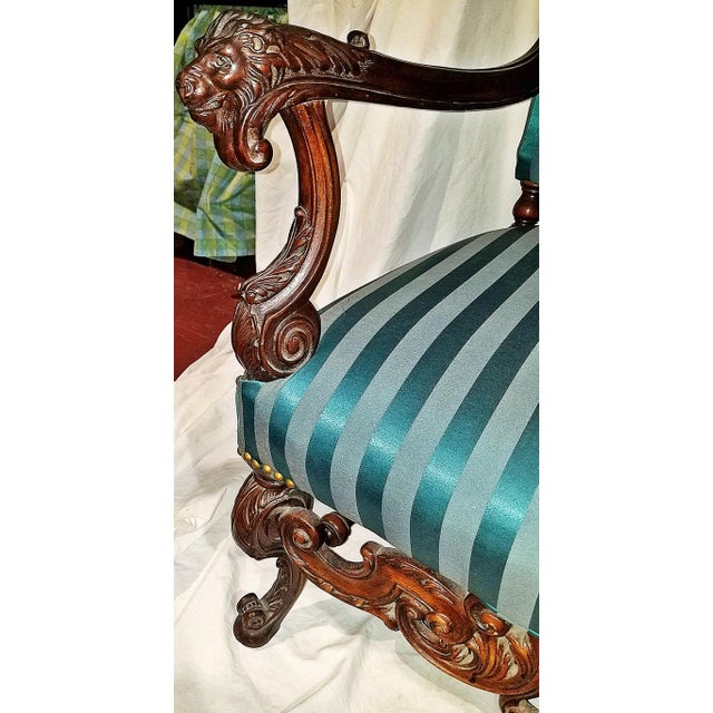 Teal Victorian Style 1920s Carved Lionhead Throne Chair For Sale - Image 8 of 12