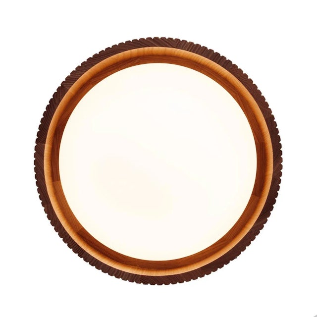Wood Tambo Flush Mount Ceiling Light by Nova of California - Glass Diffuser, Weathered Brass, Dark Walnut, Dimmable, 14" For Sale - Image 7 of 14