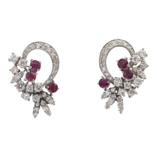 Mid 20th Century Diamond and Ruby Spray White Gold Earrings - 2 Pieces For Sale