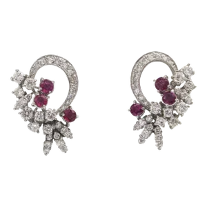 Mid 20th Century Diamond and Ruby Spray White Gold Earrings - 2 Pieces