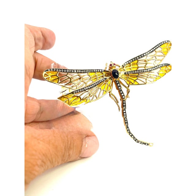 Antique Plique-À-Jour Dragonfly Brooch With Gold and Gemstones For Sale - Image 9 of 15