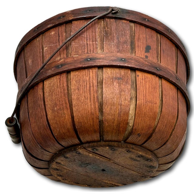 Burnt Umber Great Antique American Hand Made Steam Bent Oak Maine Apple Farm Gathering Basket With Excellent Patina For Sale - Image 8 of 18
