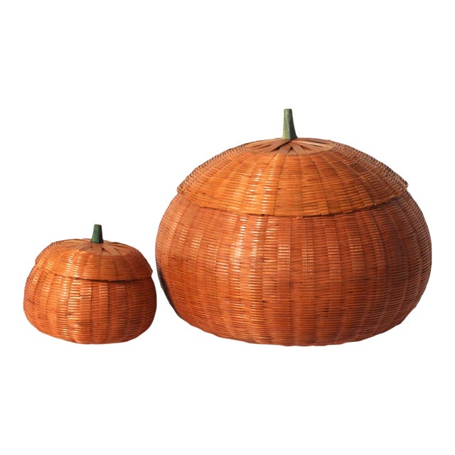 1980s Orange Pumpkin Wicker Baskets - Set of 2 For Sale