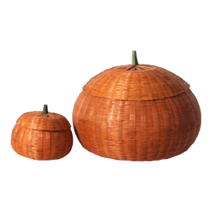 1980s Orange Pumpkin Wicker Baskets - Set of 2
