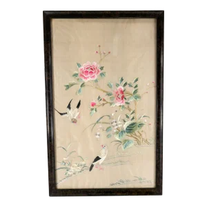 Early 20th Century Chinese Colorful Chinoiserie Embroidered Silk Textile Panel