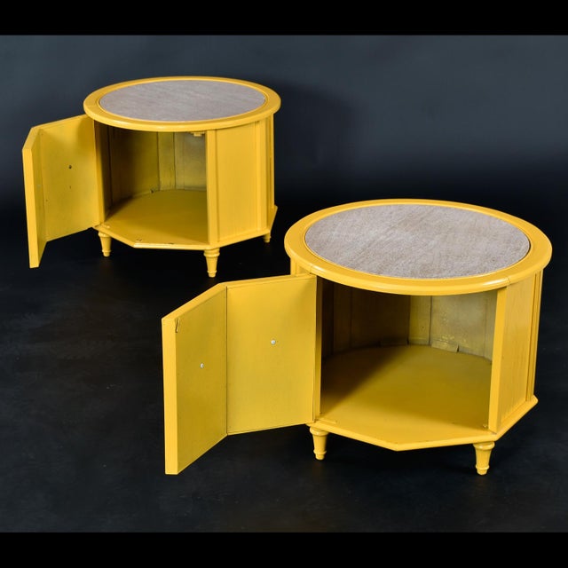 1970s Yellow and White Round Travertine Top Side Tables or Nightstands With Storage For Sale - Image 4 of 12