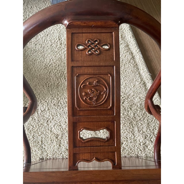 Asian Vintage Asian Carved Rosewood Horseshoe Armchair - Pair For Sale - Image 3 of 10