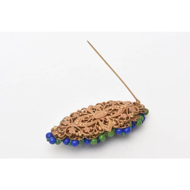 Plastic Vintage MIriam Haskell Abstract Resin Royal Blue and Green Bead Brooch Pin 50's For Sale - Image 7 of 8