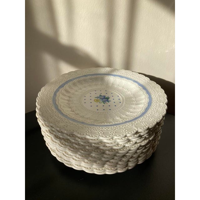 Early 20th Century English White Lace Floral Blue Polka Dot Porcelain Plates by Spode- Set of 12 For Sale - Image 9 of 11