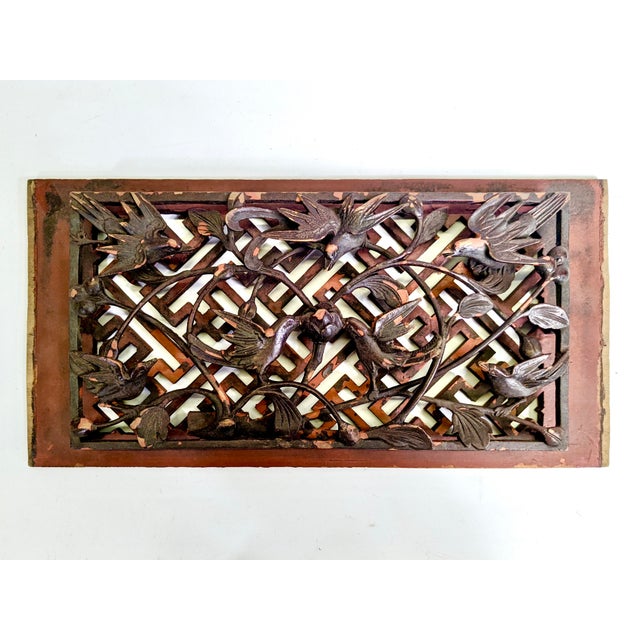 19th Century Wooden Panel of Seven Birds on a Lattice Background For Sale In San Francisco - Image 6 of 6
