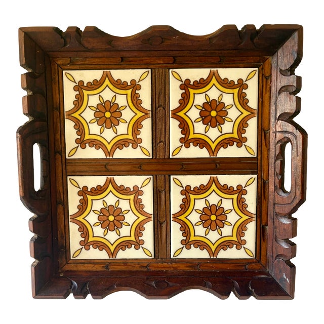 Vintage Mexican Carved Wood and Floral Tile Tray For Sale