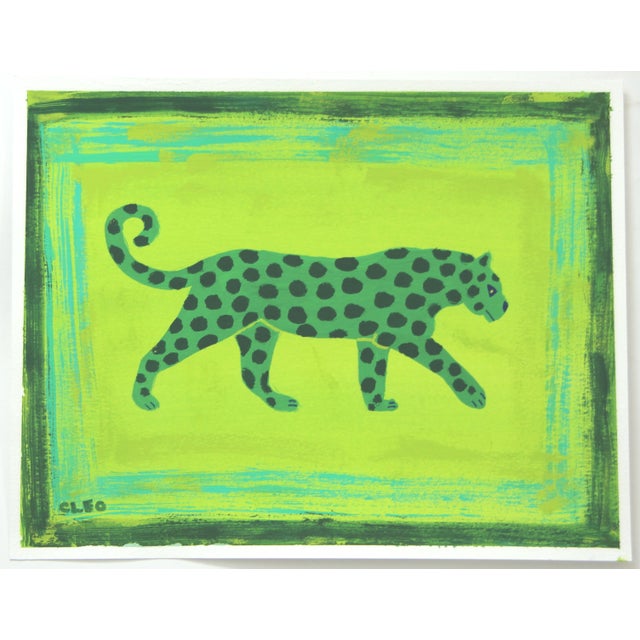 Contemporary Leopard With Border Green Minimalism Abstract Shabby Chic Tribal Original Painting by Cleo Plowden For Sale - Image 3 of 3