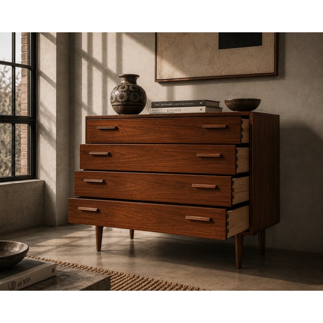 Danish chest of drawers produced by fm møbelfabrik in denmark during the 1960s. the cabinet showcases the dramatic natural...