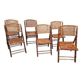 Set of 6 Mid 20th Century Tortoise Style Burnt Bamboo Folding Chairs For Sale