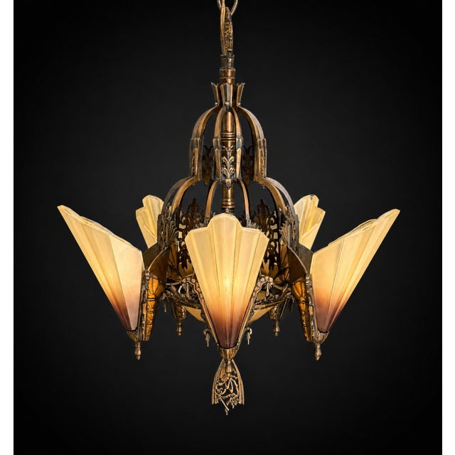 1930s Mid-West Mfg. Soleure Series Art Deco 6-Light Slip Shade Chandelier in Cast Bronze For Sale - Image 11 of 15