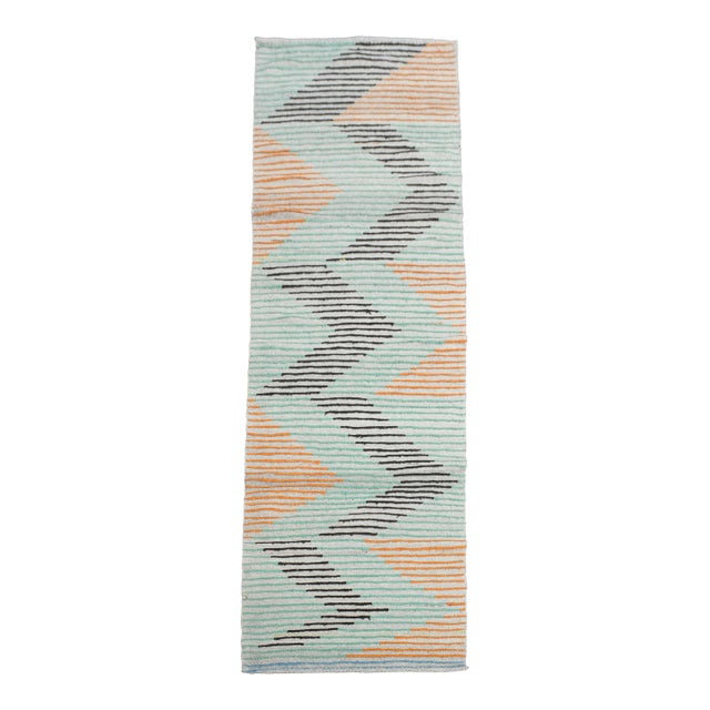 1970s Vintage Handmade Wool Cotton Orange Blue Runner Rug For Sale