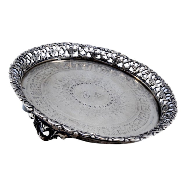 Silver Tray with Grid, Greek Frieze Guilloche Bottom and Monogram Card For Sale