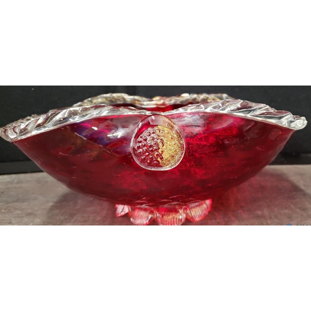 Mid-Century Modern Vintage 1960s Bohemian Cranberry Crystal Decanter & Murano Gold Flake Ruby Glass Bowl Set – Barware Vignette For Sale - Image 3 of 17