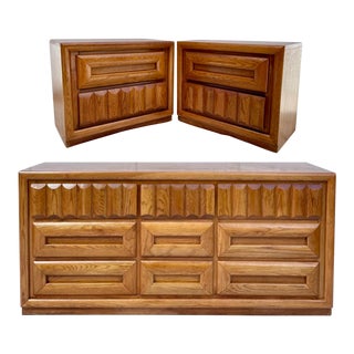 Mid-Century Modern Sculptural Oak Dresser and Nightstand Set of 3 Pieces For Sale