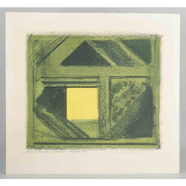 Arne L. Hansen (1921–2009) “Towards the Light”. Color lithograph. Abstract composition with geometric fields in green...