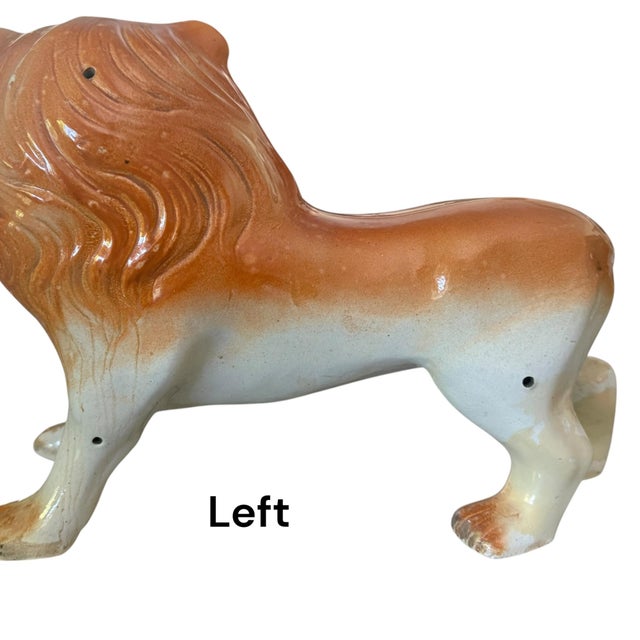 Ceramic Pair of Large Victorian Staffordshire Pottery Lions With Glass Eyes, C. 1880–1900 For Sale - Image 7 of 15