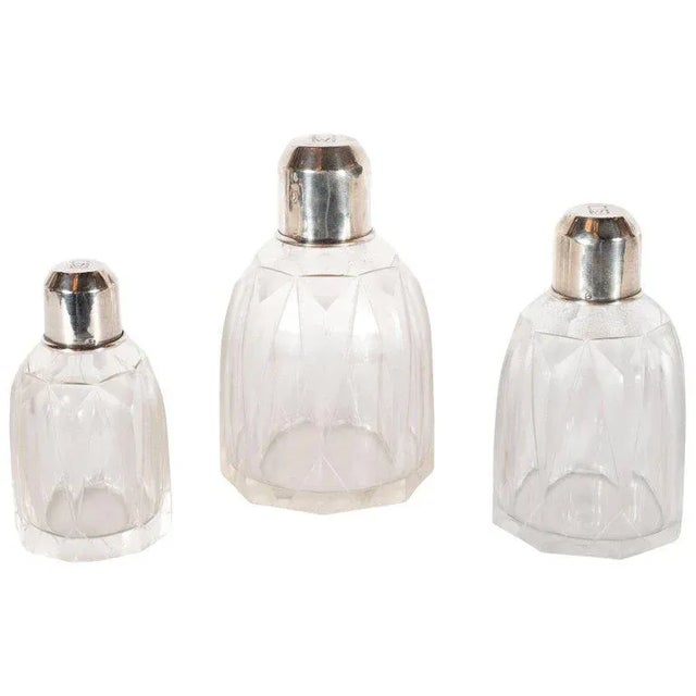 Art Deco Skyscraper Style Sterling Silver & Geometric Beveled Glass Perfume Set - Set of 3 For Sale - Image 9 of 9