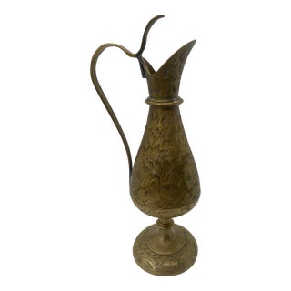Mid 20th Century Brass Pitcher With Flower Details and Handle For Sale