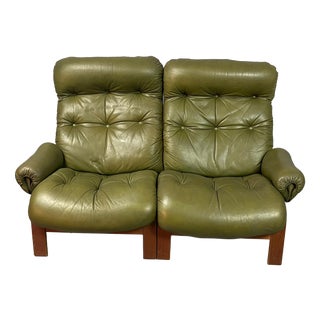 Vintage Scandinavian Two-Seater Ry-Wing Lounge Sofa in Olivegreen Leather by Elsa and Nordahl Solheim for Rybo Rykken & Co, 1960s For Sale