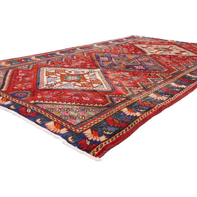 61481 Vintage Persian Shiraz Rug, 05'04 x 10'00. The Crimson Nomad: A Vintage Persian Shiraz Masterpiece of Mythic...