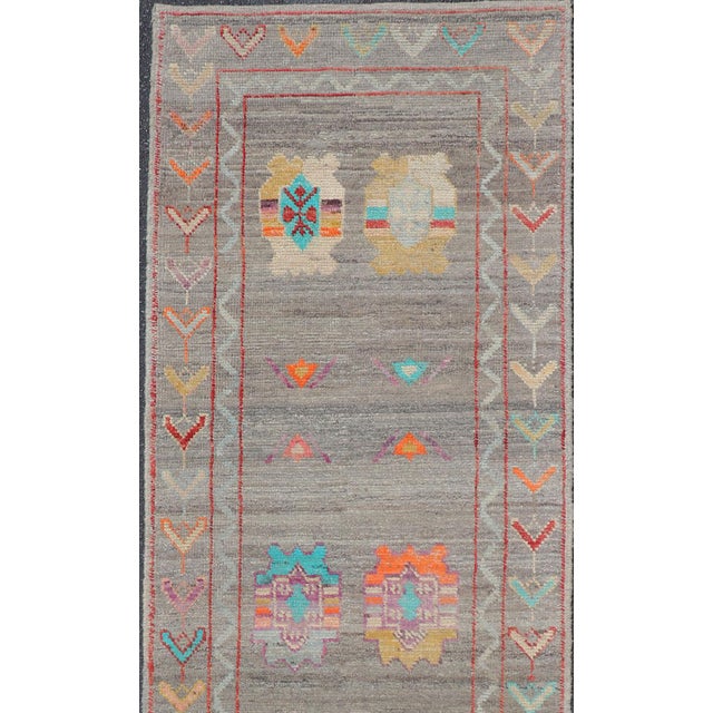 Tribal Modern Runner With Tribal Motifs in Warm Gray Background and Vivid Multi Colors For Sale - Image 3 of 7