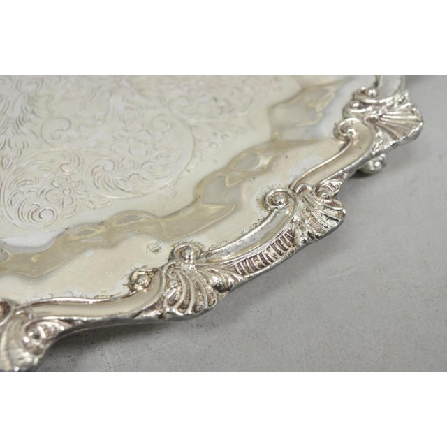 Vintage Victorian Silver Plated Round Scalloped Twin Handle Bar Serving Tray For Sale - Image 12 of 17
