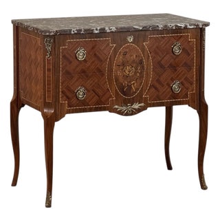 Antique French Louis XVI Style Marquetry Marble Top Commode For Sale