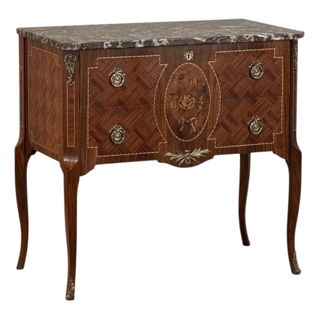 Antique French Louis XVI Style Marquetry Marble Top Commode For Sale