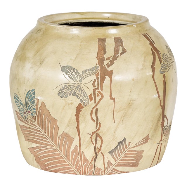 Japanese Antique Mustard Glaze Ceramic Planter with Incised Butterfly Decor For Sale