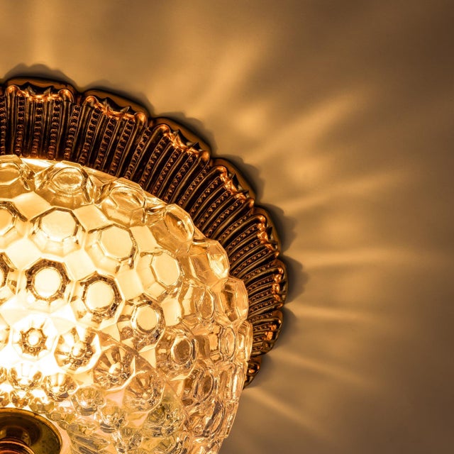 Gold Mid-Century Round Ceiling or Wall Lamp in Textured Glass with Gilt Rim from Limburg, Germany, 1970s For Sale - Image 8 of 9