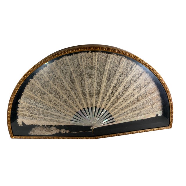 19th Century Woven Lace Fan in Giltwood Shadowbox Frame For Sale - Image 4 of 10