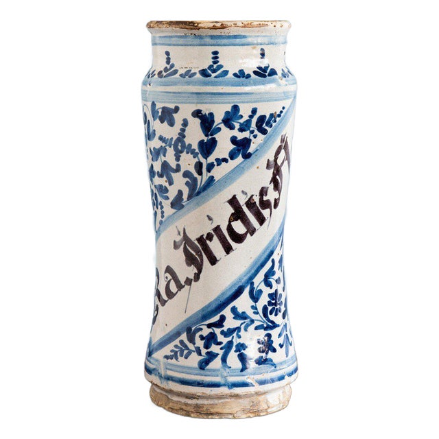 18th Century Spanish Blue & White Albarello Jar For Sale