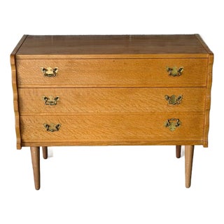 Solid Oak Three-Drawer Dresser With Scalloped Side Panels Danish Mid-Century Modern 1970s For Sale