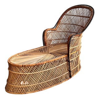 Vintage Bohemian Wicker Rattan Chaise Lounge, 1970s For Sale