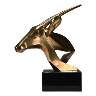 Oryx Bronze Sculpture in Brass & Marble by Tchavdar Iliev, 1990s For Sale