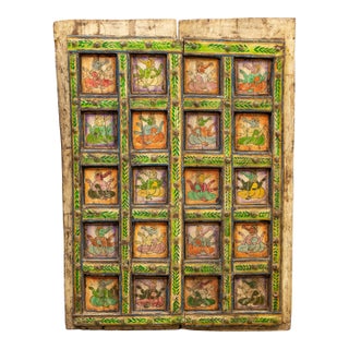 Early 1900s Antique Rajasthani Doors With Folk Art Paintings of Ganesh For Sale